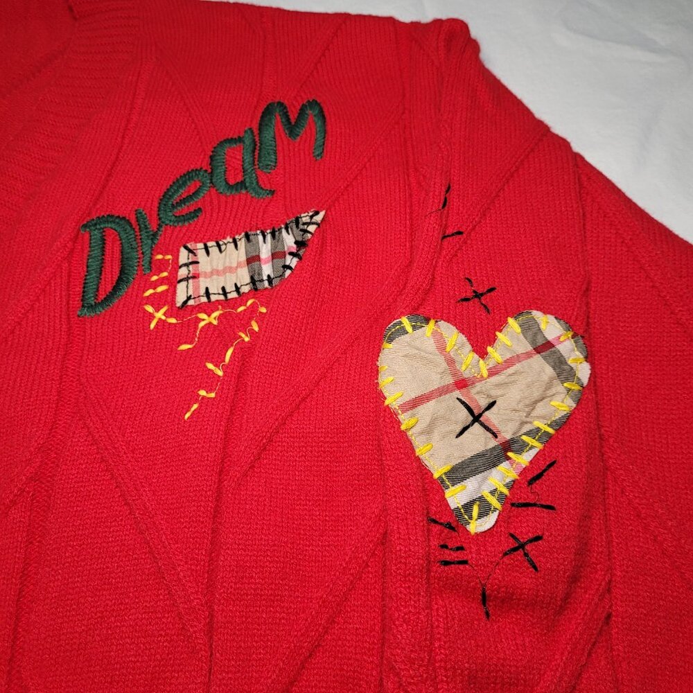 Ebossy Knit Cardigan Red Colorful Embroidery Patches Women Medium Streetwear Y2K - Picture 6 of 11